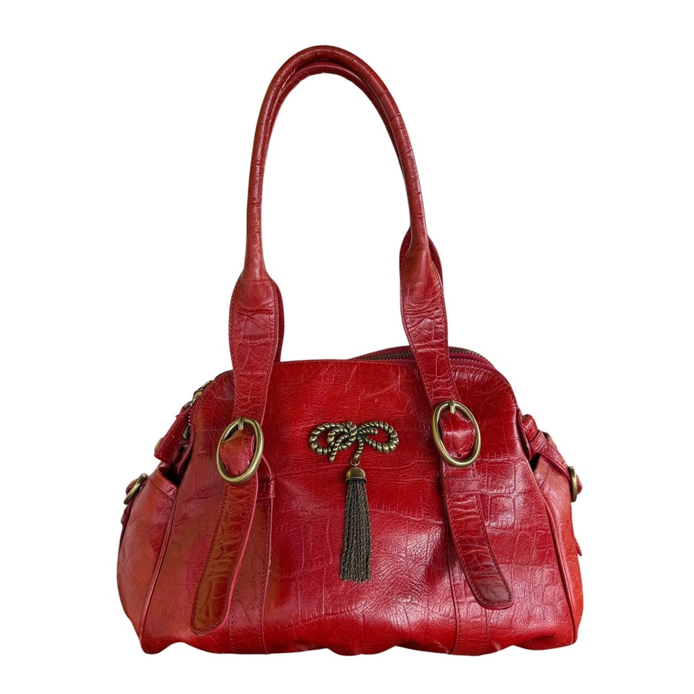 Betsey Johnson Red Croc Embossed Leather Satchel Tassel Handbag Vintage Style